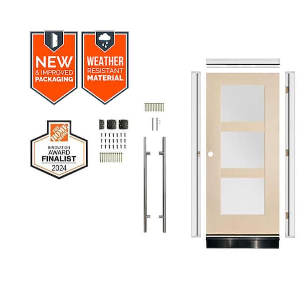 Faux Pivot 36in.x79in. 3-Lite RH Frosted Glass Unfinished Fiberglass AssemblyRequired Front Door Kit w/QuickAssembleJamb