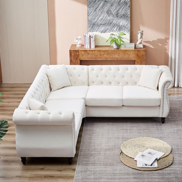 Montair French 83.5 in. Rolled Arm and Nailhead Tufted Velvet Upholstered L-Shaped Sectional Sofa in Beige with Pillows