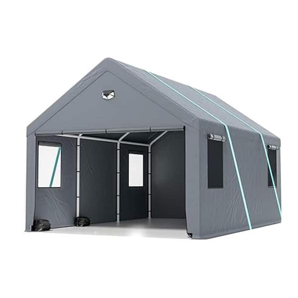 Sudzendf 10 ft. x 16 ft. Gray Heavy Duty Carport Canopy with Roll-up Windows and All-Season Tarp Cover, Side Walls