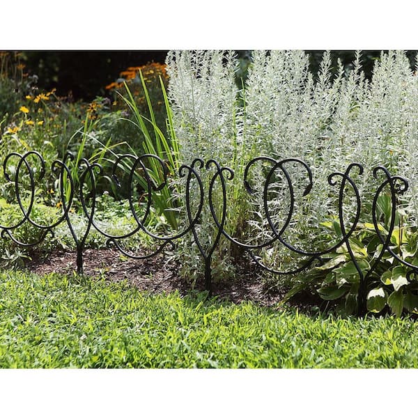 24 in.W x 1 in.L x 22 in. H Black Wrought Iron Scroll Border Fence (Set of 4), Powder Coated Finish, Yard Garden Accent