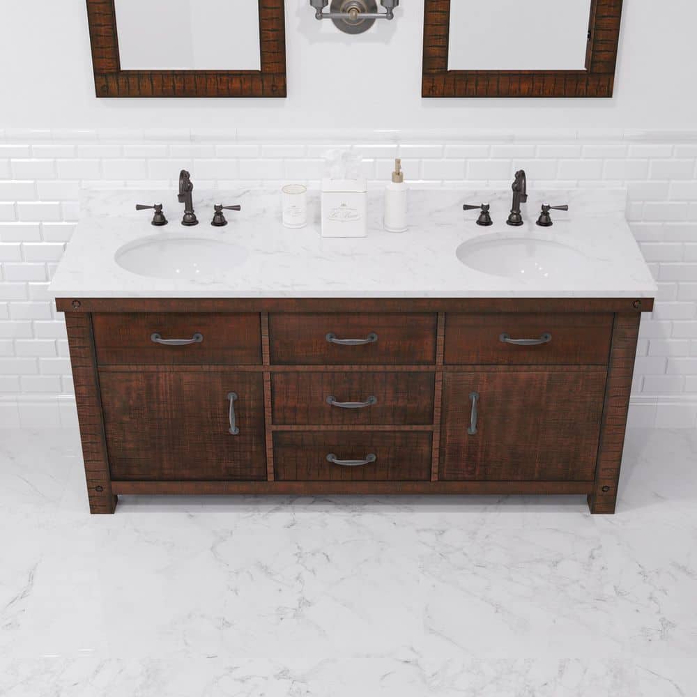 Aberdeen 72" Double Sink Rustic Sierra Vanity with Carrara White Marble Top