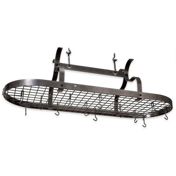 Handcrafted Scroll Arm Oval Ceiling Pot Rack with 24 Hooks Hammered Steel