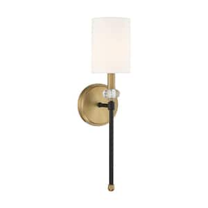 Tivoli 5 in. W x 19 in. H 1-Light Matte Black/Warm Brass Wall Sconce with Faceted Crystal Bauble and White Fabric Shade