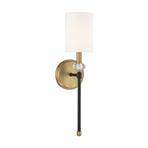 Savoy House Tivoli 5 in. W x 19 in. H 1-Light Matte Black/Warm Brass Wall Sconce with Faceted Crystal Bauble and White Fabric Shade