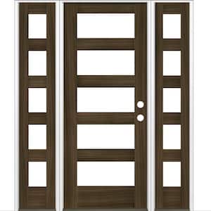 60 in. x 80 in. Modern Hemlock Right-Hand/Inswing 5-Lite Clear Glass Black Stain Wood Prehung Front Door with Sidelites