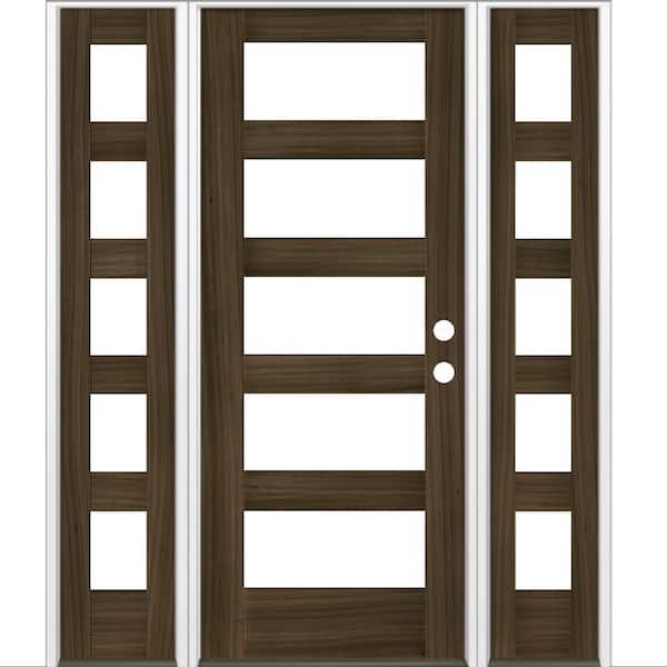 60 in. x 80 in. Modern Hemlock Right-Hand/Inswing 5-Lite Clear Glass Black Stain Wood Prehung Front Door with Sidelites