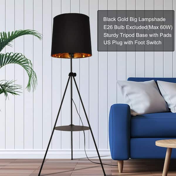 Zompoo Modern 64 in. 1-Light Black Tripod Floor Lamp for Living Room with Farbic Shade and Shelf, Foot Switch