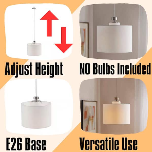 Modern 1-Light Plated Silver Pendant Light with Drum Glass Shade Polyester Shade and No Light Bulb Included