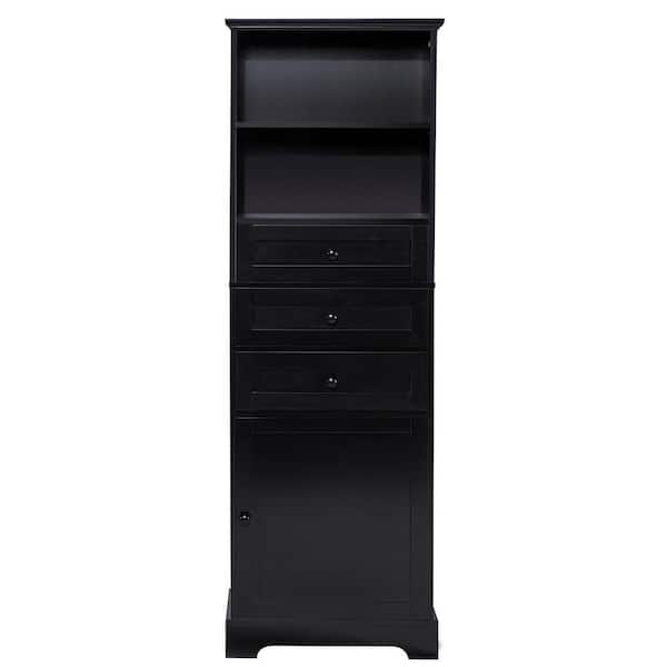 22 in. W x 10.03 in. D x 67.3 in. H Black Linen Cabinet with 3 Drawers and Adjustable Shelves