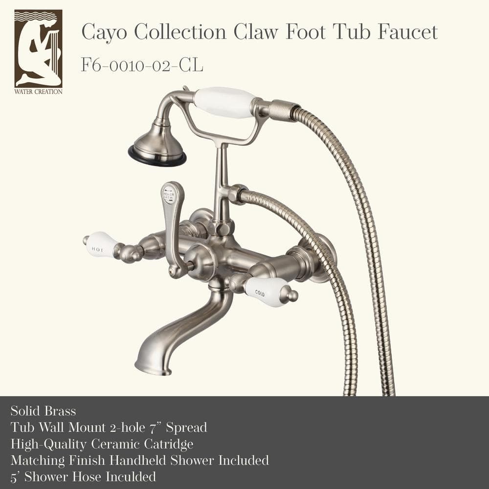 Classic Elegance Brushed Nickel Wall Mount Tub Faucet with Porcelain Handle