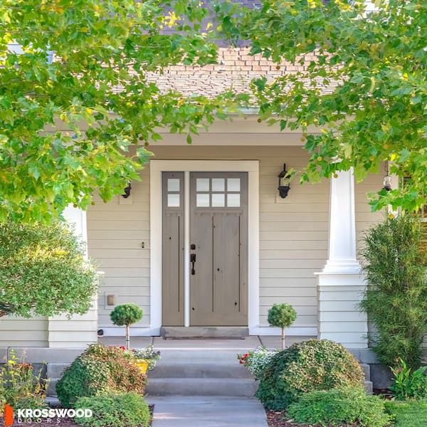 56 in. x 96 in. Knotty Alder Right-Hand/Inswing 6 Lite Clear Glass Weathered Gray Stain Wood Prehung Front Door w/LSL DS