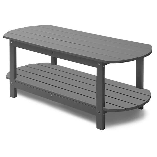 PASAMIC Light Grey Rectangular HDPE 18.5 in. Outdoor Patio Coffee Table with 2-Tier Storage