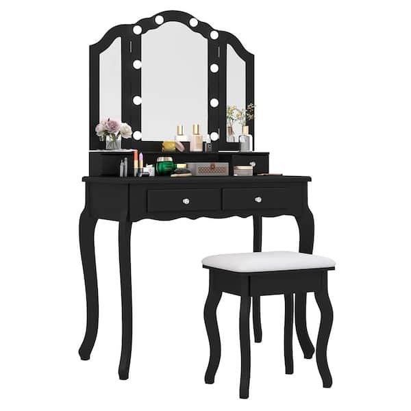 Costway 2-Piece Black Makeup Vanity Set with Tri-Fold Mirror and LED Lights 4 Drawers Open Shelf