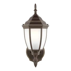 Bakersville 6.5 in. 1-Light Antique Bronze Traditional Outdoor Wall Lantern Sconce with Satin Etched Glass and LED Bulb