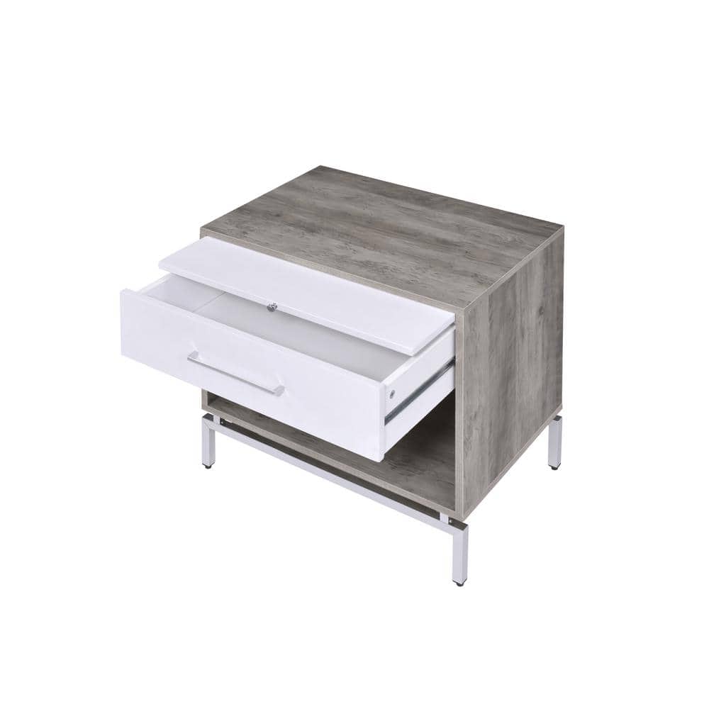 Weathered Gray Oak & White Metal Accent Table with Storage