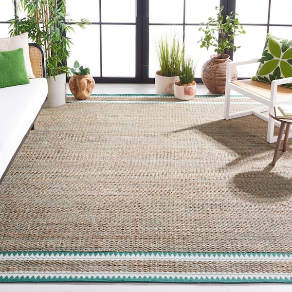 Natural Fiber Beige/Green 9 ft. x 12 ft. Woven Border Area Rug