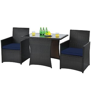 3-Piece Wicker Outdoor Patio Conversation Set Patio Rattan Furniture Set with Navy Cushion and Sofa Armres