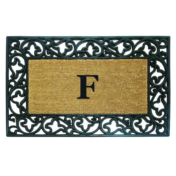 Nedia Home Acanthus Border 30 in. x 48 in. Rubber Coir Monogrammed F Door Mat