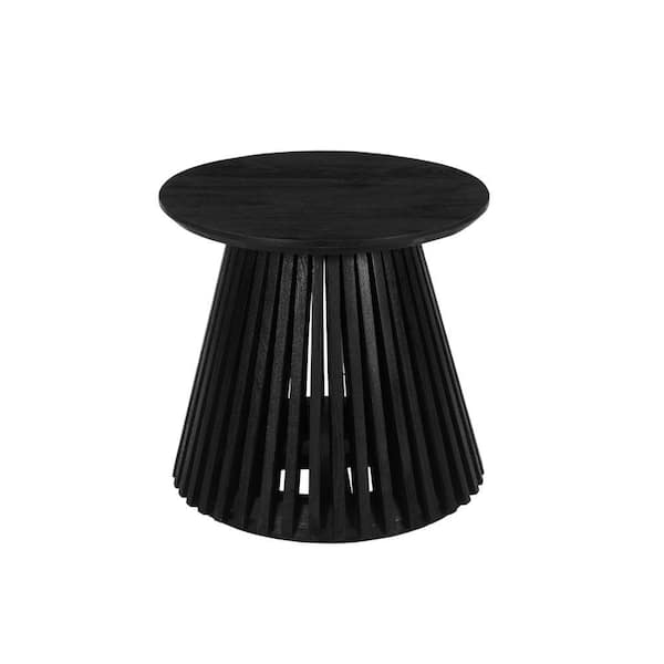 THE URBAN PORT Ridge 20 in. Black Round Mango Wood Top Handcrafted End Side Table with Slatted Flared Base