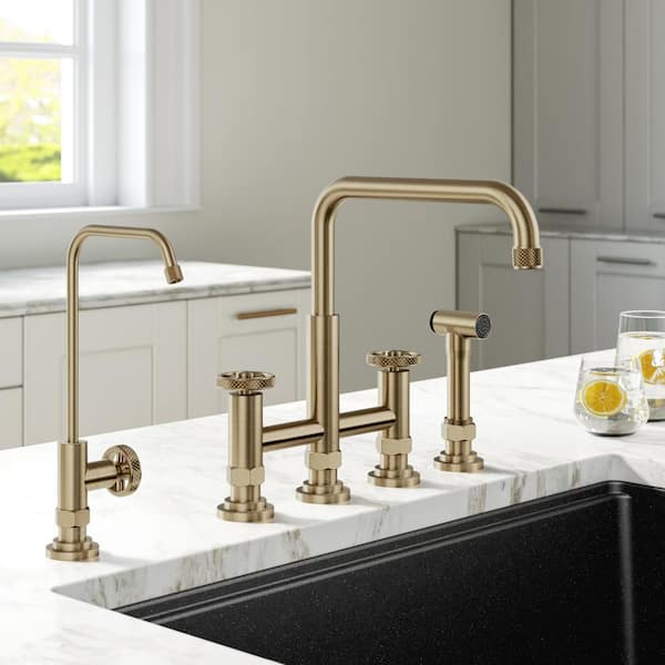 Urbix Industrial Double Handle Bridge Kitchen Faucet and Beverage Faucet in Brushed Gold