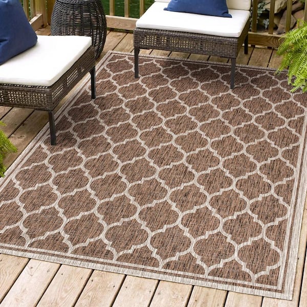 Espresso/Taupe 9 ft. x 12 ft. Trebol Moroccan Trellis Textured Weave Indoor/Outdoor Area Rug
