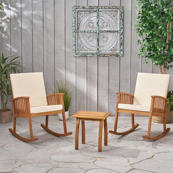 Noble House Alabelle Brown Patina 3-Piece Wood Outdoor Patio Conversation Seating Set with Cream Cushions