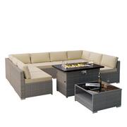 10-Piece Wicker Outdoor Patio Sectional Conversation Set with Beige Cushions and Fire Pit Table