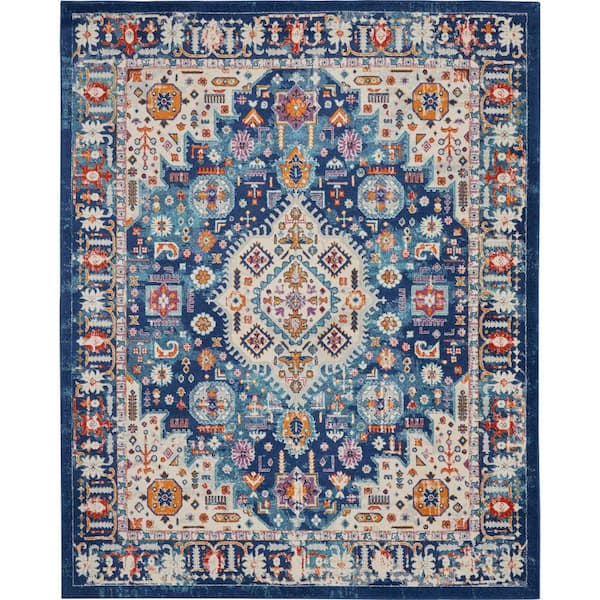 Nourison Passion Blue/Multicolor 8 ft. x 10 ft. Bordered Transitional Area Rug