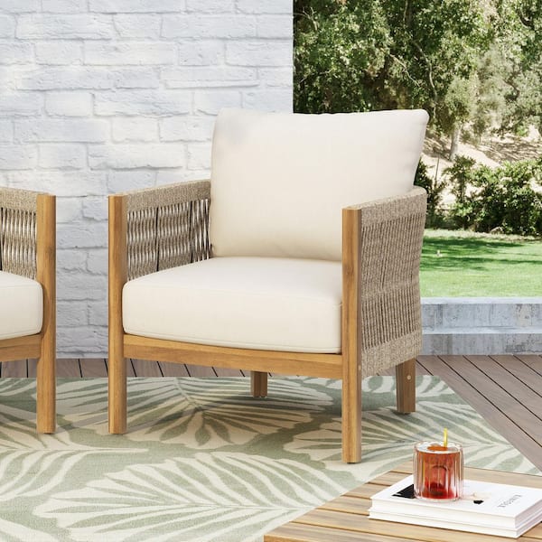 Rumi Outdoor Rope Weave and Solid Wood Patio Club Chair with Beige Cushions, Teak