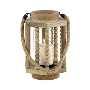 11 in. H Beige Reclaimed Wood Beaded Decorative Candle Lantern