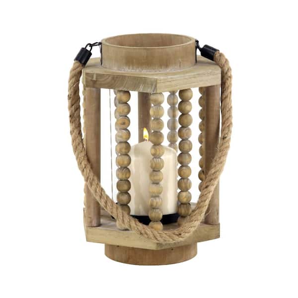 Litton Lane 11 in. H Beige Reclaimed Wood Beaded Decorative Candle Lantern