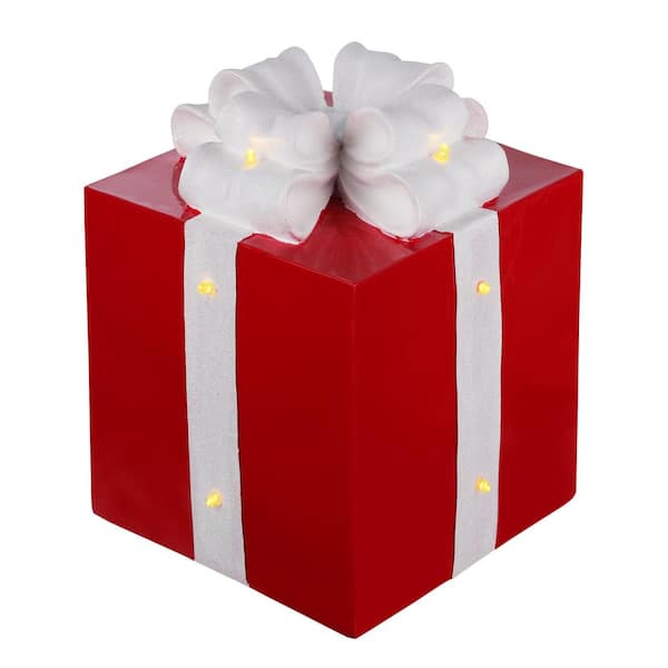 Haute Decor 9.5 in. Christmas Red Resin Present Lighted with White Glitter Bow