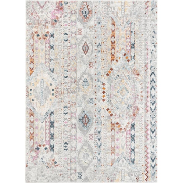 Well Woven Rodeo Otero Bohemian Aztec Ivory 3 ft. 11 in. x 5 ft. 3 in. Tribal Diamond Stripes Distressed Area Rug