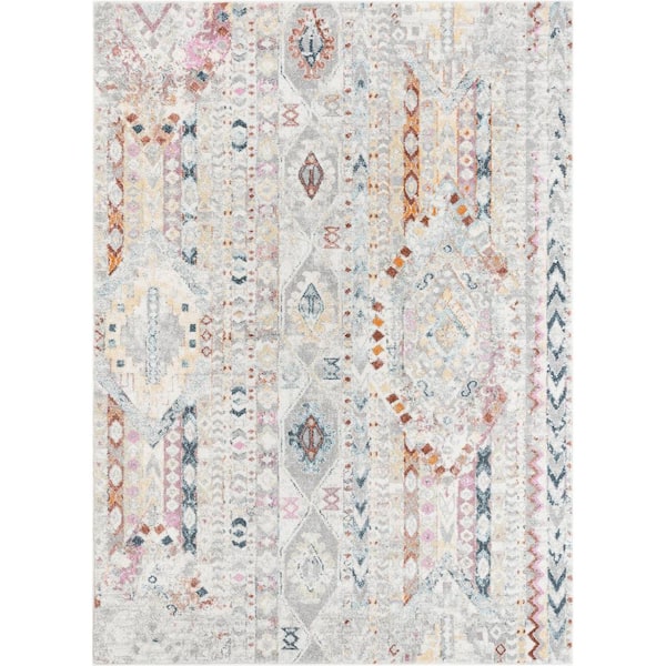 Well Woven Rodeo Otero Bohemian Aztec Ivory 6 ft. 7 in. x 9 ft. 6 in. Tribal Diamond Stripes Distressed Area Rug