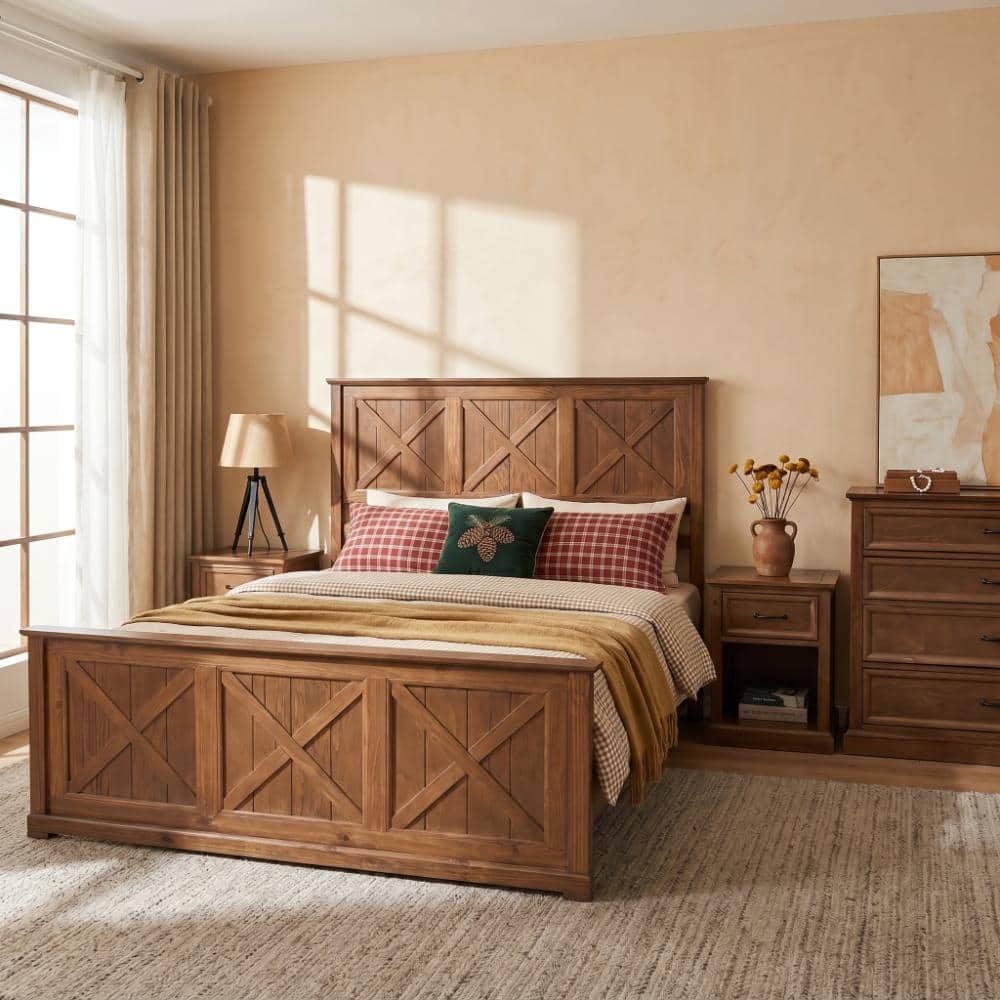 Qualler Walnut 4-Piece Queen Wood Platform Bed Set with 2 Storage Nightstands and 1 Dresser