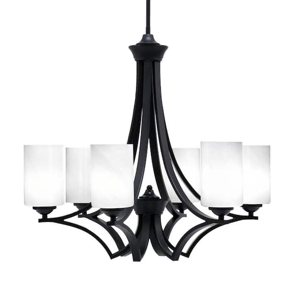 Unbranded Clevelend 6-Light Matte Black Round Chandelier with 4 in. White Marble Glass Shades, No bulbs included