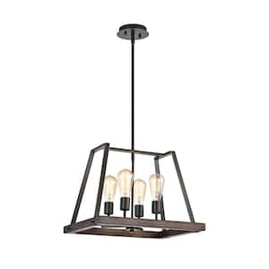 4-Light 18 in. Wood and Oil Rubbed Bronze Pendant Light Farmhouse Chandelier for Living Dining Room, No Bulbs Included