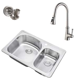 Topmount Drop-In 18-Gauge Stainless Steel 33 in. x 22 in. 1-Hole 70/30 Offset Double Bowl Kitchen Sink with Faucet