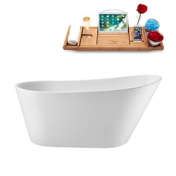 55 in. x 29 in. Acrylic Freestanding Soaking Bathtub in Glossy White With Glossy White Drain