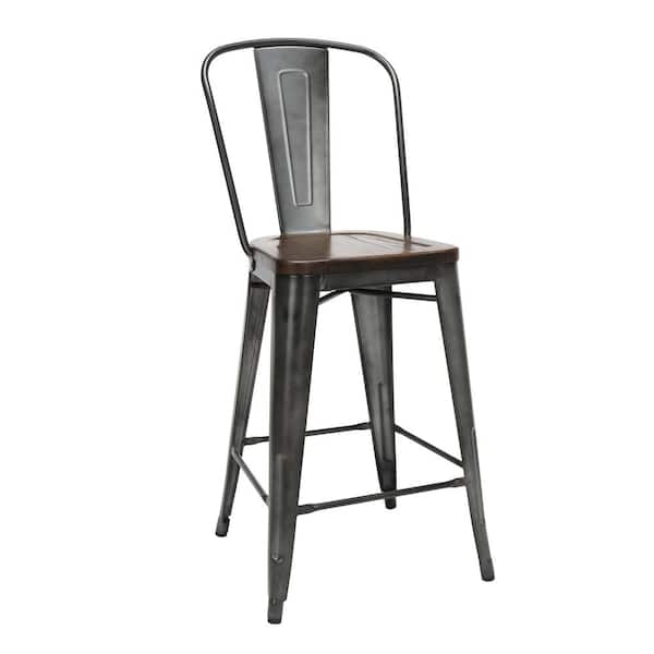 OFM 161 Collection Industrial Modern 4 Pack 26" High Back Metal Bar Stools with Solid Ash Wood Seats, in Gunmetal/Walnut
