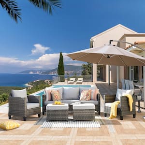 Megon Holly Gray 5-Piece Wicker Outdoor Patio Conversation Seating Sofa Set with Gray Cushions