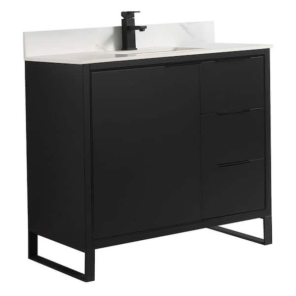 FINE FIXTURES Opulence 36 in. W x 18 in. D x 33.5 in. H Bath Vanity in Black Matte with White Carrara Single sink Top