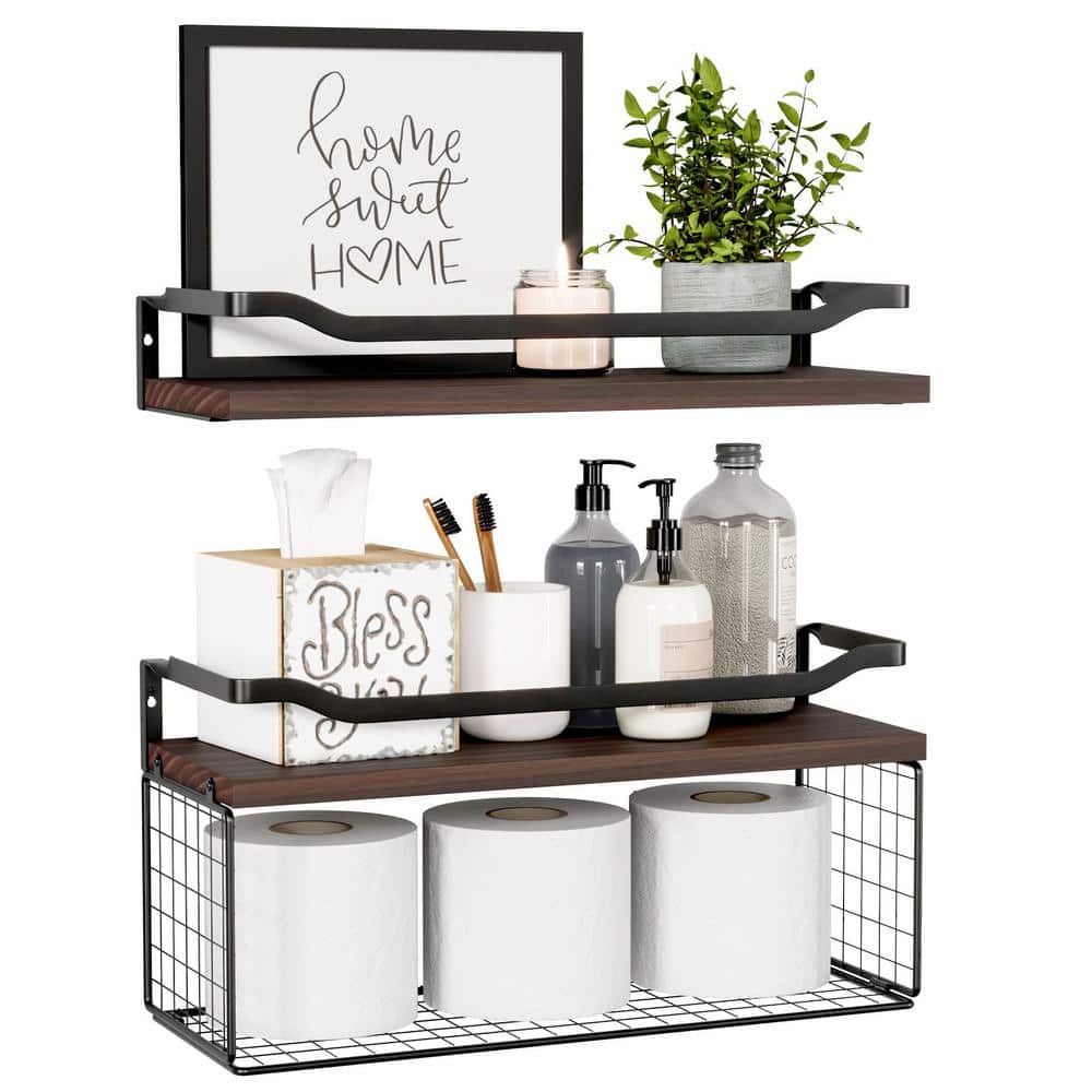 15.7 in. W x 6 in. D Dark Brown Wood Floating Decorative Wall Shelf Set of 