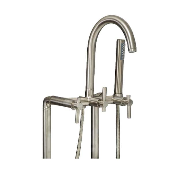 PELHAM & WHITE Modern 3-Handle Floor Mount Freestanding Tub Faucet with Handshower and Hose, Metal Levers, in Brushed Nickel