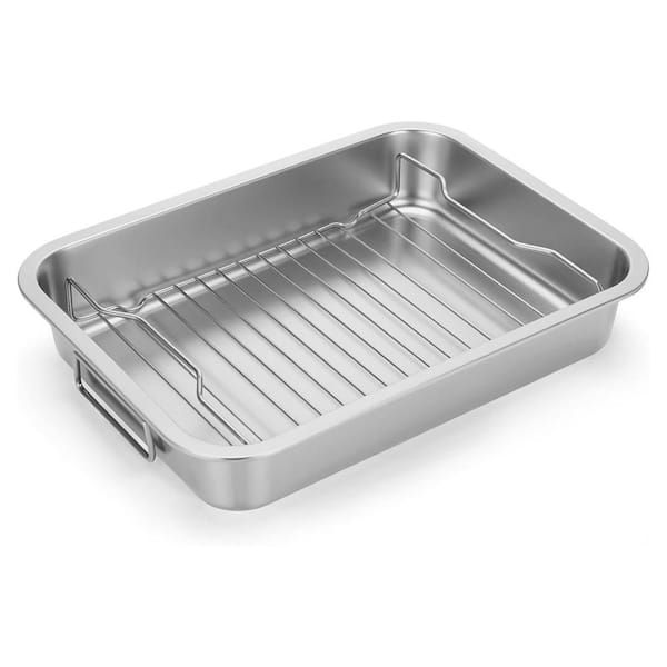 5 qt. Stainless Steel Roasting Pan, Heavy Duty Turkey Roasting Baking Broiler Oven Pan with Rack and Handle for Oven