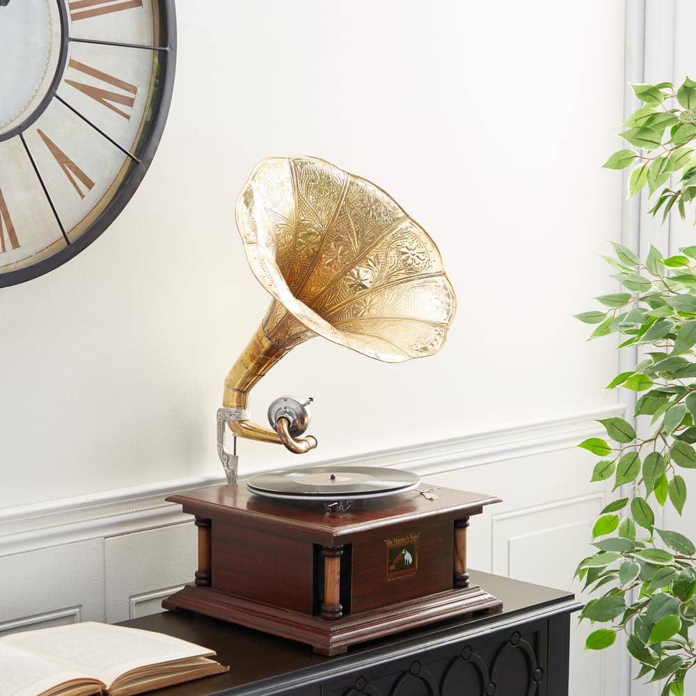 Vintage Elegance Copper Finish Wood & Metal Gramophone Sculpture