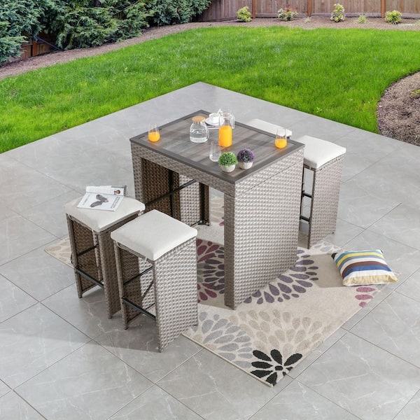 TOP HOME SPACE 5-Piece Wicker Rectangle 39.4 in. Outdoor Dining Set with Gray Cushions