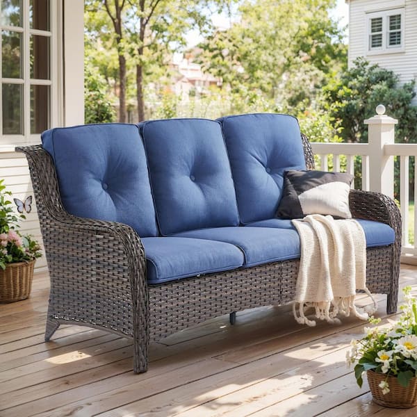 3-Seat Brown PE Wicker Outdoor Couch with Blue Cushions