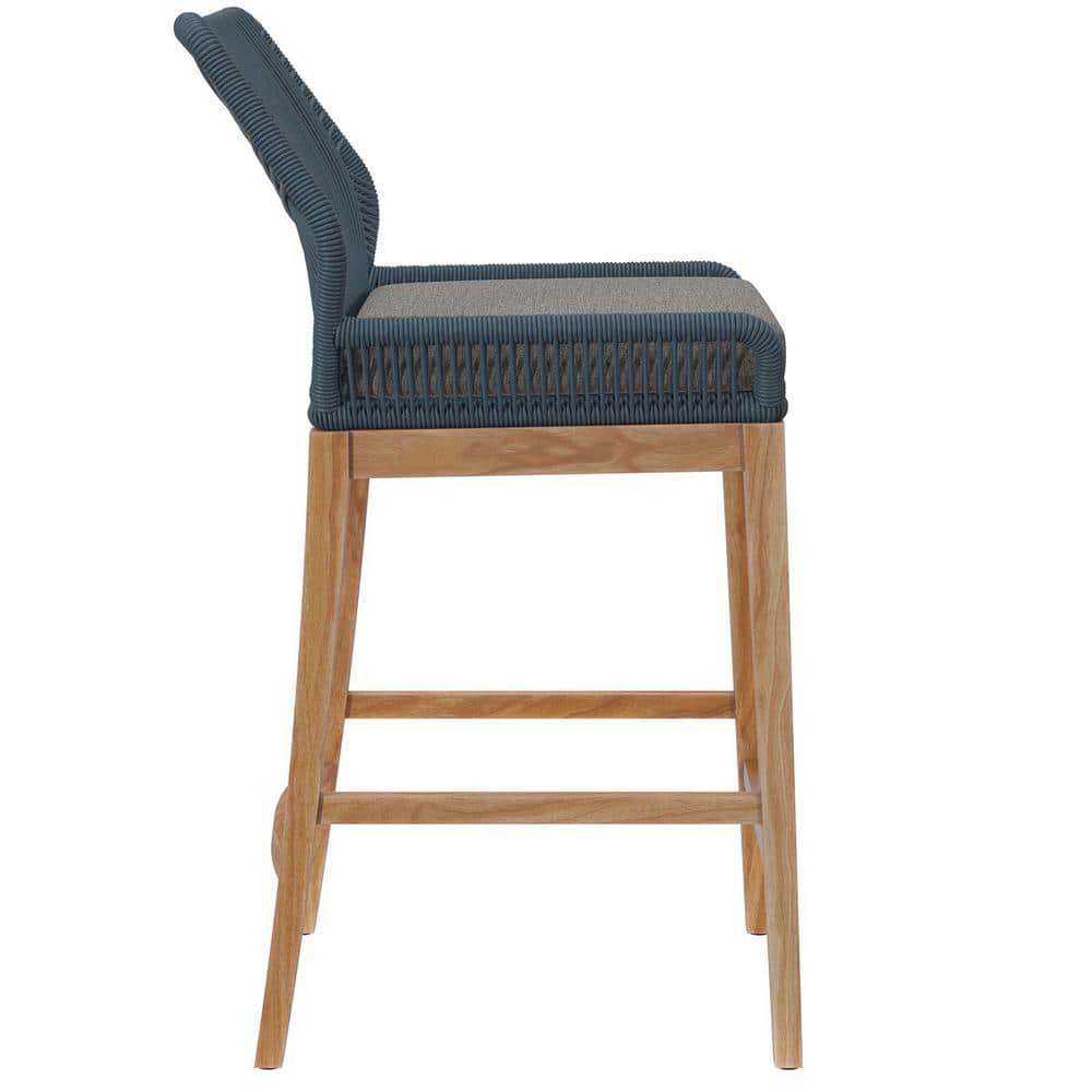 Graphite Blue Teak Wood Outdoor Bar Stool with Cushions