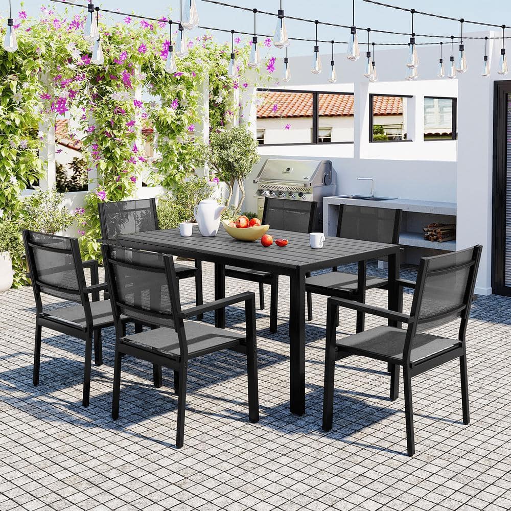 7-Piece Gray Metal Steel Outdoor Dining Set Table and Chair Set